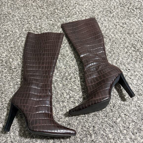 Vintage Leather Knee High Boots Brown Croc Pointed Toe Classic Old Money 7.5 B - Picture 6 of 6